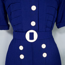 Load image into Gallery viewer, 40s DARK BLUE PIN TUCKED DRESS WITH BUTTON DETAIL AND BUCKLED BELT - S