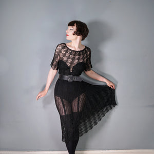 VINTAGE SLINKY BLACK SEE THROUGH LACE CROCHET DRESS - M