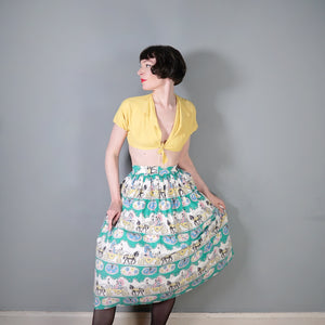 50s GREEN NOVELTY FULL COTTON SKIRT WITH HORSE DRAWN CARRIAGE PRINT - 26"