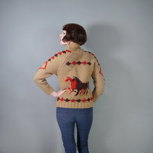 Load image into Gallery viewer, 50s HANDKNITTED BROWN AND RED EQUESTRIAN HORSE PATTERN COWICHAN CARDIGAN - XS-S