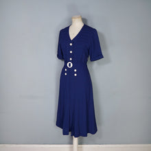 Load image into Gallery viewer, 40s DARK BLUE PIN TUCKED DRESS WITH BUTTON DETAIL AND BUCKLED BELT - S