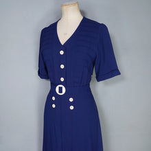 Load image into Gallery viewer, 40s DARK BLUE PIN TUCKED DRESS WITH BUTTON DETAIL AND BUCKLED BELT - S