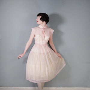 50s PASTEL BALLET PINK SHEER TULLE DRESS WITH COLLAR AND BOW - XS