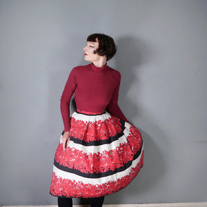 50s 60s BOLD FLORAL AND STRIPE RED BLACK FULL COTTON SKIRT 28.5-29"