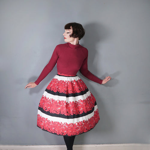 50s 60s BOLD FLORAL AND STRIPE RED BLACK FULL COTTON SKIRT 28.5-29