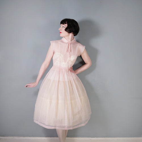 50s PASTEL BALLET PINK SHEER TULLE DRESS WITH COLLAR AND BOW - XS
