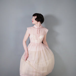 50s PASTEL BALLET PINK SHEER TULLE DRESS WITH COLLAR AND BOW - XS