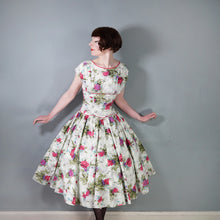 Load image into Gallery viewer, 50s PINK ROSE FLORAL PRINT FULL SKIRTED COTTON SUMMER DRESS - S