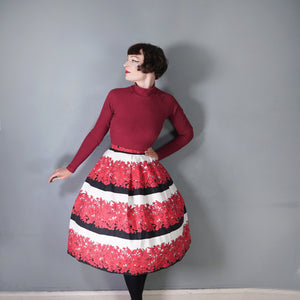 50s 60s BOLD FLORAL AND STRIPE RED BLACK FULL COTTON SKIRT 28.5-29"