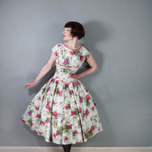 Load image into Gallery viewer, 50s PINK ROSE FLORAL PRINT FULL SKIRTED COTTON SUMMER DRESS - S