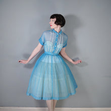 Load image into Gallery viewer, 50s SHEER SEERSUCKER CHIFFON BLUE LACE TRIM FULL SKIRT DRESS - S