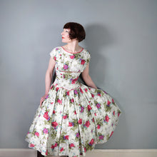 Load image into Gallery viewer, 50s PINK ROSE FLORAL PRINT FULL SKIRTED COTTON SUMMER DRESS - S