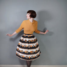 Load image into Gallery viewer, 50s 60s BLACK STRIPE AND GREY AND ORANGE ROSE PRINT COTTON FULL SKIRT - 30"