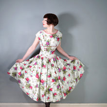 Load image into Gallery viewer, 50s PINK ROSE FLORAL PRINT FULL SKIRTED COTTON SUMMER DRESS - S