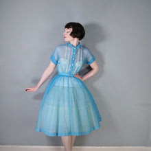 Load image into Gallery viewer, 50s SHEER SEERSUCKER CHIFFON BLUE LACE TRIM FULL SKIRT DRESS - S