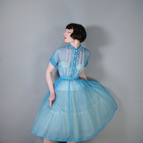 50s SHEER SEERSUCKER CHIFFON BLUE LACE TRIM FULL SKIRT DRESS - S