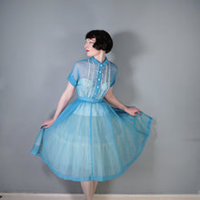 Load image into Gallery viewer, 50s SHEER SEERSUCKER CHIFFON BLUE LACE TRIM FULL SKIRT DRESS - S