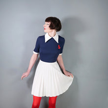 Load image into Gallery viewer, 60s 70s PLEATED BLUE WHITE COLLARED SAILOR DRESS WITH ANCHOR POCKET - S-M
