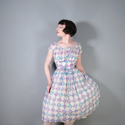 50s 60s SEMI SHEER NYLON DRESS IN PURPLE AND BLUE DIAMOND PRINT - XS