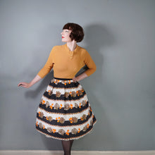 Load image into Gallery viewer, 50s 60s BLACK STRIPE AND GREY AND ORANGE ROSE PRINT COTTON FULL SKIRT - 30"