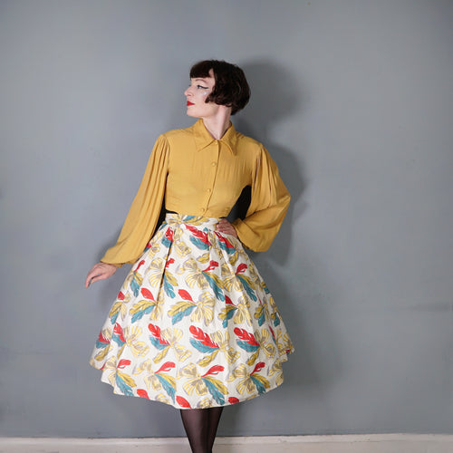 50s SOFT YELLOW FEATHER AND BOW PRINT NOVELTY SKIRT - 28