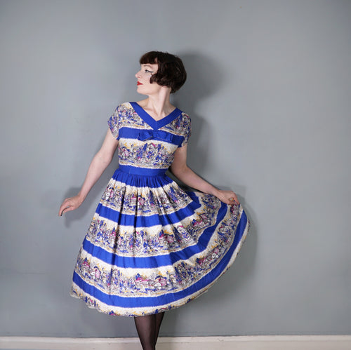 50s SCENIC BLUE PRINT SOFT RAYON FULL SKIRTED DAY DRESS - S