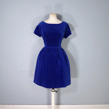 Load image into Gallery viewer, 60s BLUE VELVET FULL SKIRTED COCKTAIL DRESS - XS