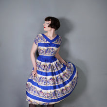 Load image into Gallery viewer, 50s SCENIC BLUE PRINT SOFT RAYON FULL SKIRTED DAY DRESS - S