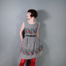 Load image into Gallery viewer, 60s HOUNDSTOOTH AND NOVELTY VICTORIAN CYCLIST PRINT DAY DRESS - S
