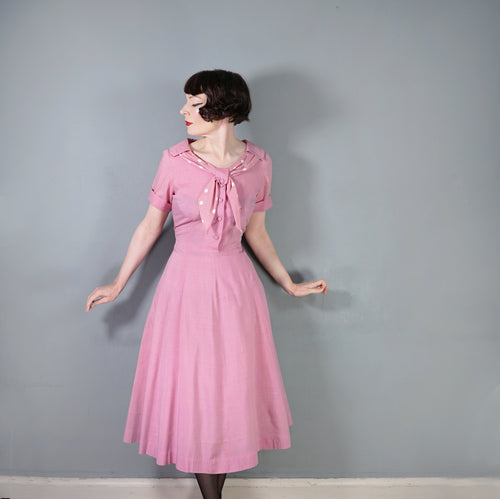 40s DUSKY PINK TEA DRESS WITH A POLKA DOT SHAWL COLLAR - L / volup