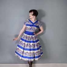 Load image into Gallery viewer, 50s SCENIC BLUE PRINT SOFT RAYON FULL SKIRTED DAY DRESS - S