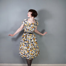 Load image into Gallery viewer, 50s 60s BLACK GREY COTTON DRESS WITH BRIGHT EASTER LILY PRINT - S
