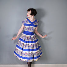 Load image into Gallery viewer, 50s SCENIC BLUE PRINT SOFT RAYON FULL SKIRTED DAY DRESS - S