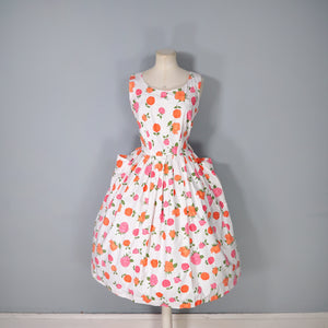 50s 60s PINK AND ORANGE ROSE FLORAL COTTON DAY DRESS - M
