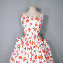 Load image into Gallery viewer, 50s 60s PINK AND ORANGE ROSE FLORAL COTTON DAY DRESS - M