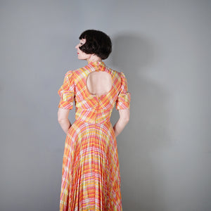 70s BRIGHT ORANGE AND PINK CHECKED PLEATED MAXI DRESS WITH CUT OUT BACK - S