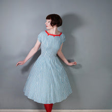 Load image into Gallery viewer, 50s TEAL RED PATTERNED FIT AND FLARE COTTON DRESS WITH REVERSIBLE BOLERO - S-M