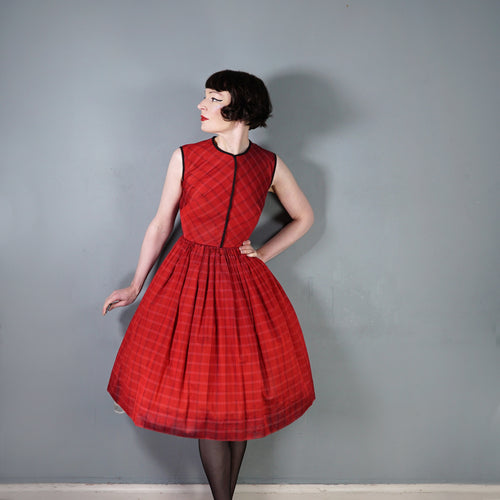 50s HORROCKSES FASHIONS RED BLACK PLAID CHECK FULL SKIRT DRESS - XS