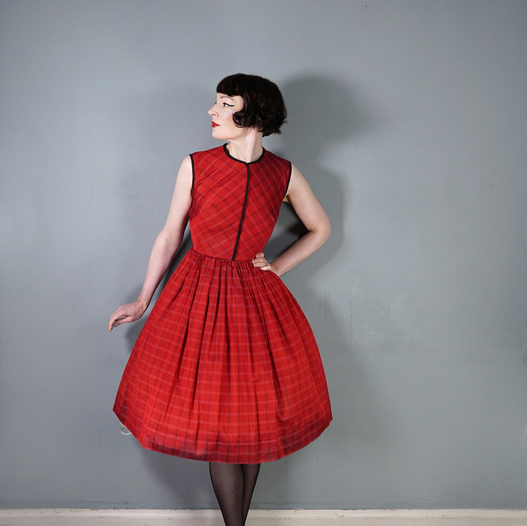 50s HORROCKSES FASHIONS RED BLACK PLAID CHECK FULL SKIRT DRESS - XS