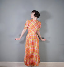 Load image into Gallery viewer, 70s BRIGHT ORANGE AND PINK CHECKED PLEATED MAXI DRESS WITH CUT OUT BACK - S
