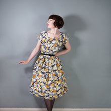Load image into Gallery viewer, 50s 60s BLACK GREY COTTON DRESS WITH BRIGHT EASTER LILY PRINT - S