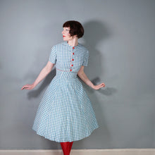 Load image into Gallery viewer, 50s TEAL RED PATTERNED FIT AND FLARE COTTON DRESS WITH REVERSIBLE BOLERO - S-M