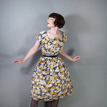 Load image into Gallery viewer, 50s 60s BLACK GREY COTTON DRESS WITH BRIGHT EASTER LILY PRINT - S
