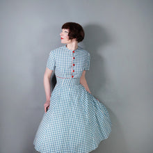 Load image into Gallery viewer, 50s TEAL RED PATTERNED FIT AND FLARE COTTON DRESS WITH REVERSIBLE BOLERO - S-M
