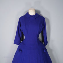 Load image into Gallery viewer, 50s JONATHAN LOGAN ROYAL BLUE WOOL FIT AND FLARE DRESS WITH BOWS - S