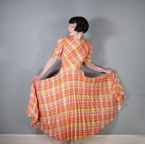 70s BRIGHT ORANGE AND PINK CHECKED PLEATED MAXI DRESS WITH CUT OUT BACK - S