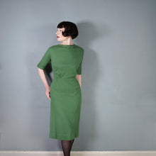 Load image into Gallery viewer, 60s SOFT GREEN WOOL FITTED DRESS WITH NECK BOW AND BACK BUTTONING - M
