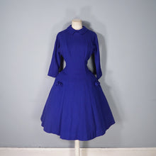Load image into Gallery viewer, 50s JONATHAN LOGAN ROYAL BLUE WOOL FIT AND FLARE DRESS WITH BOWS - S