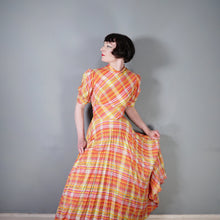 Load image into Gallery viewer, 70s BRIGHT ORANGE AND PINK CHECKED PLEATED MAXI DRESS WITH CUT OUT BACK - S