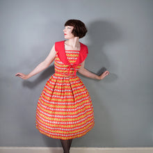 Load image into Gallery viewer, 50s BRIGHT RED AND YELLOW FLORAL FULL SKIRTED COTTON DRESS - S-M